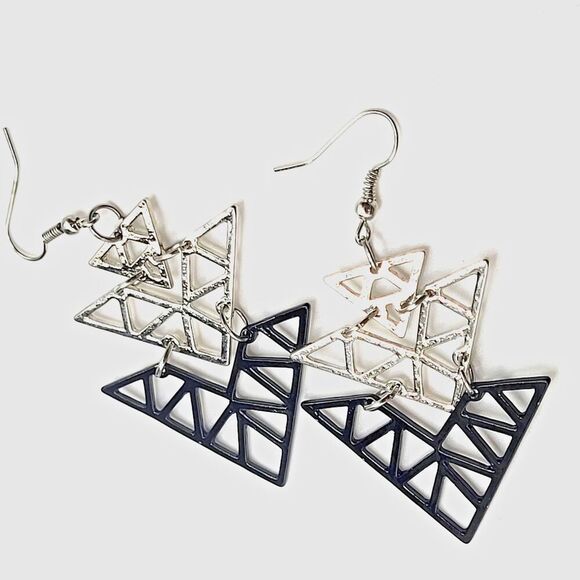 Geometric Triangular Dangle Drop Earrings 3in silvertone black - Picture 1 of 2